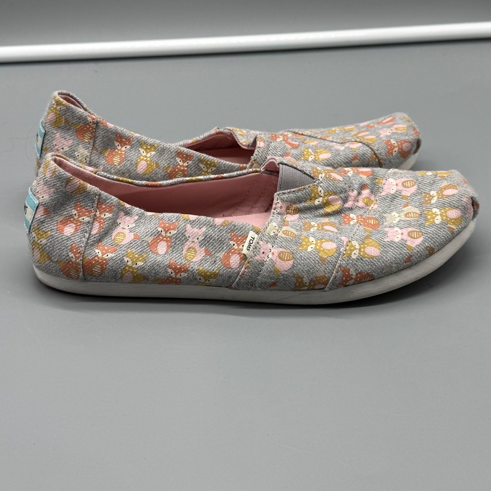 TOMS Alpargata Womens 8 Grey Canvas Fox Owl Animal Print Slip On Flat Shoes